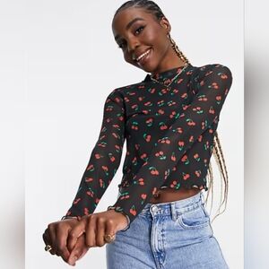 Asos Black Cherry Mesh Sheer Long Sleeve Ruffled Hem Cropped Shirt Size 14